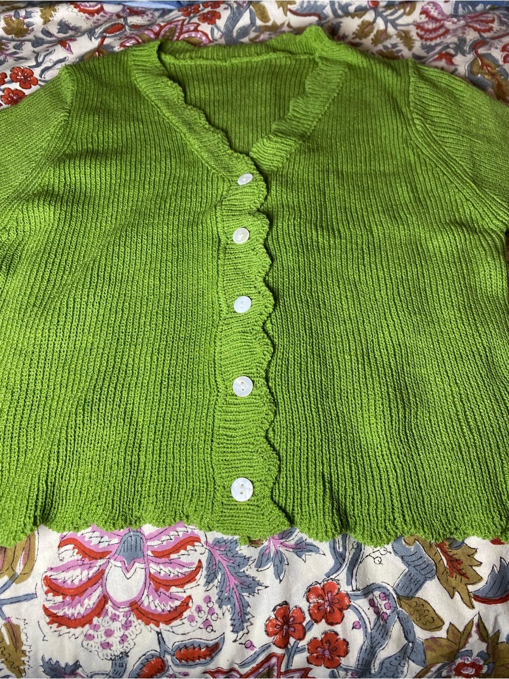 SHEIN Bright Lime Green Ruffle-Trim Button Cardigan